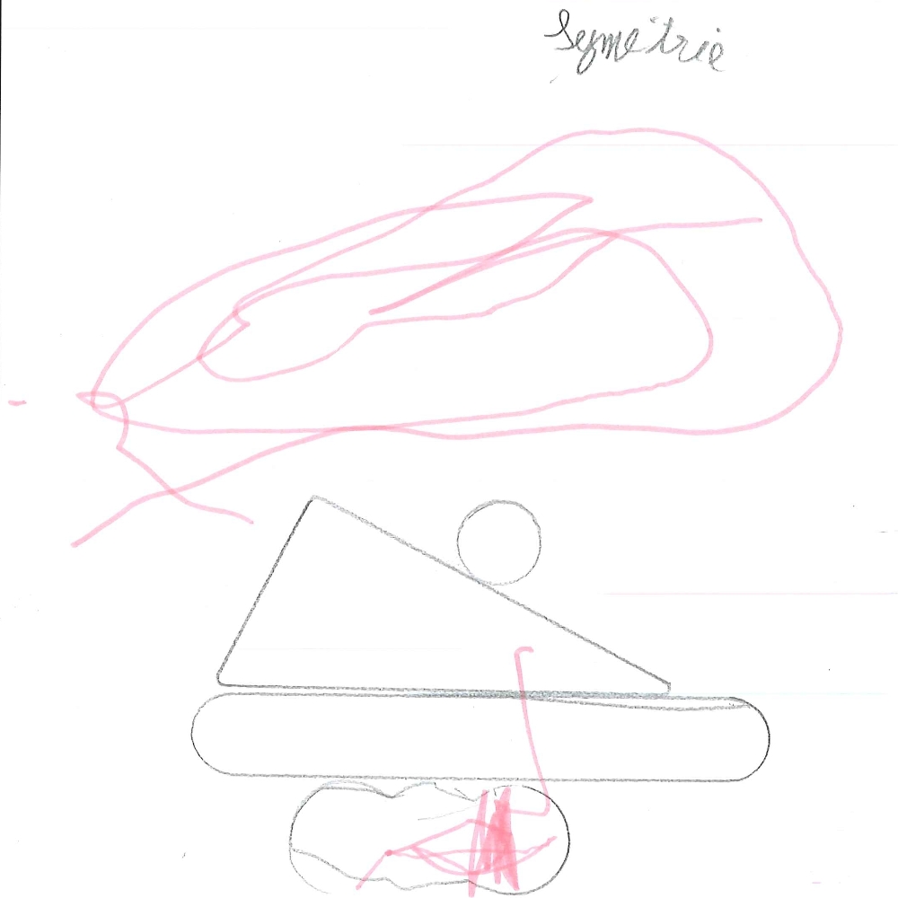 Dessin de Diyah (3 ans). Mot: Planche à voileTechnique: Normographe.