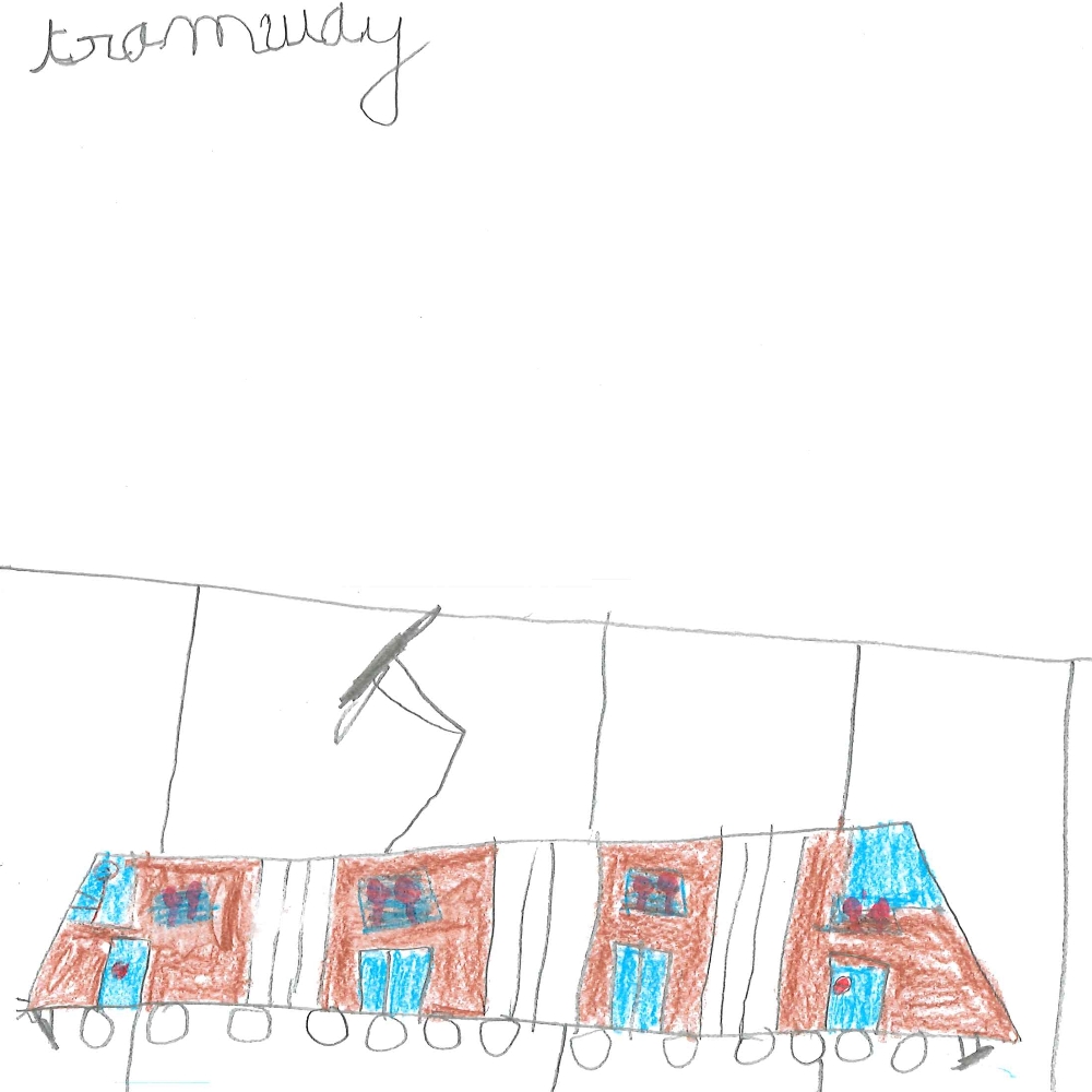 Dessin de Ismaël (6 ans). Mot: TramwayTechnique: Pastels.