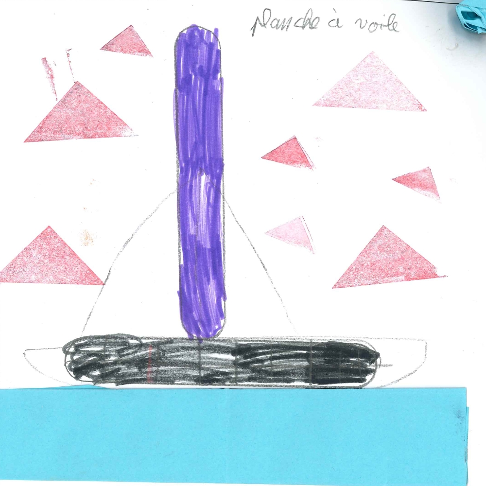 Dessin de Aminata (9 ans). Mot: Planche à voileTechnique: Normographe.