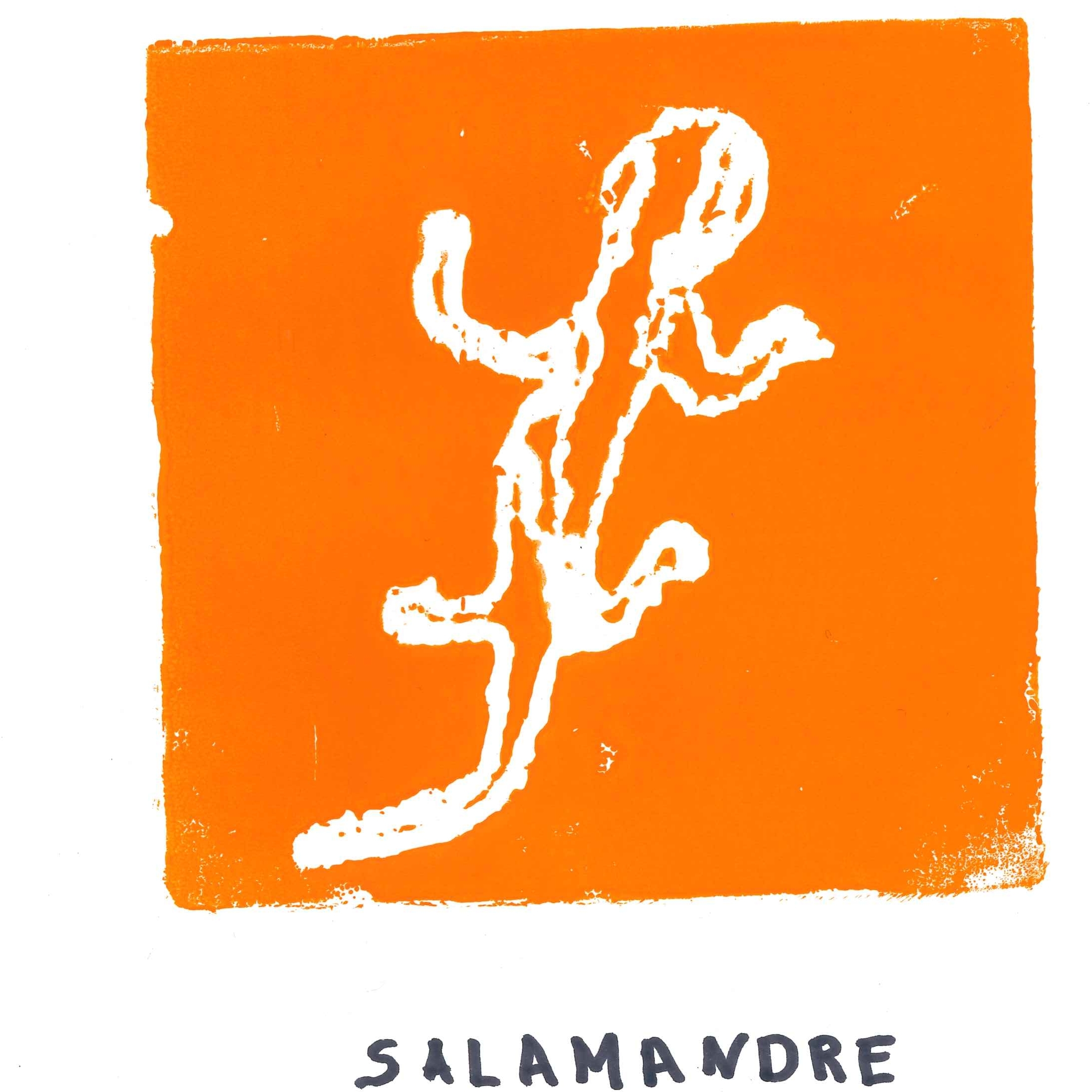 Dessin de Pauline (10 ans). Mot: SalamandreTechnique: Gravure.