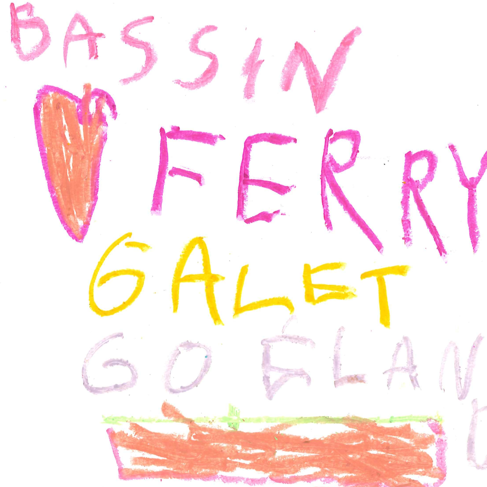 Dessin de Andréa (5 ans). Mot: BassinTechnique: Pastels.