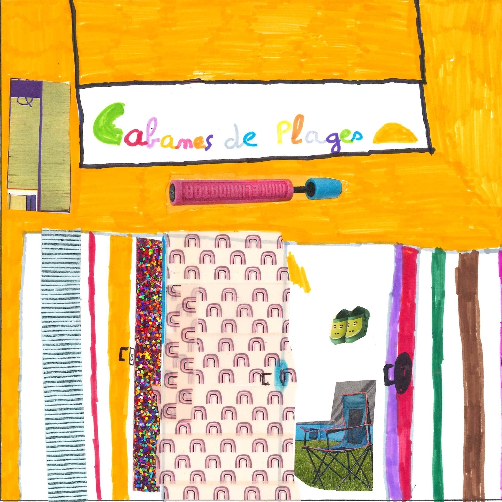 Dessin de Maryam (10 ans). Mot: Cabane de plageTechnique: Découpage / Collage.