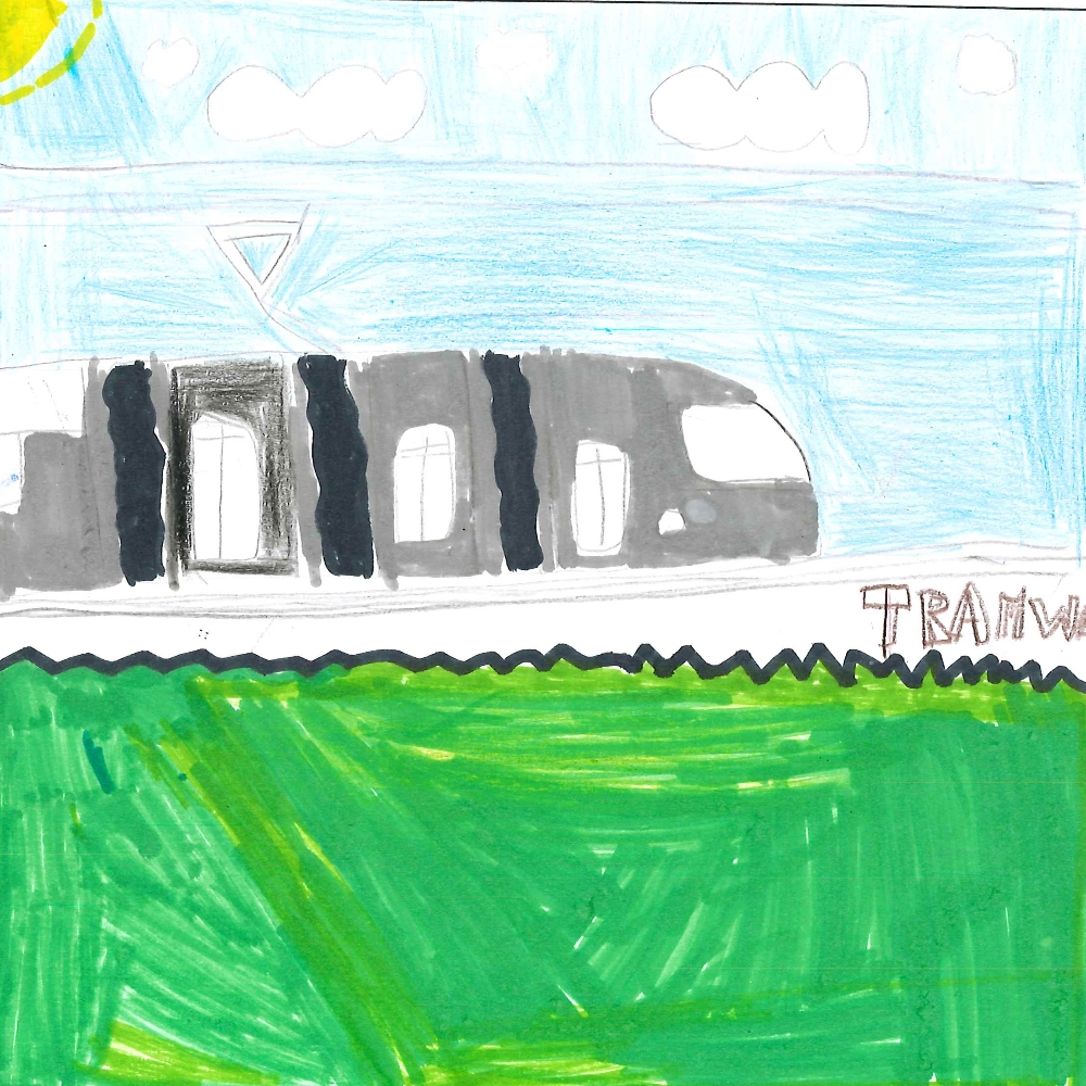 Dessin de Marwa (9 ans). Mot: TramwayTechnique: Feutres.