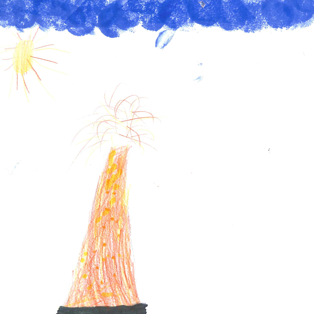 Dessin de Joséphine (6 ans). Mot: VolcanTechnique: Crayons.