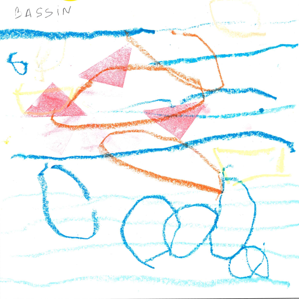 Dessin de Achille (3 ans). Mot: BassinTechnique: Pastels.