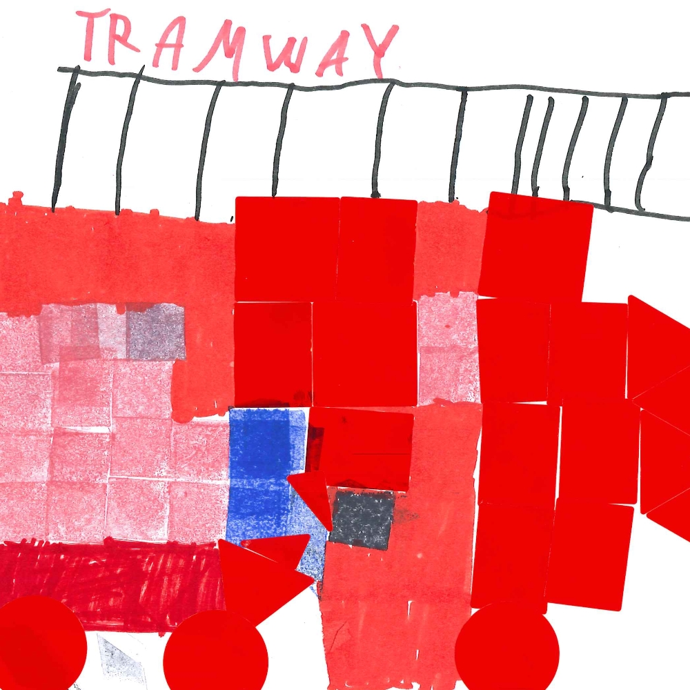 Dessin de Adam (7 ans). Mot: TramwayTechnique: Gommettes.