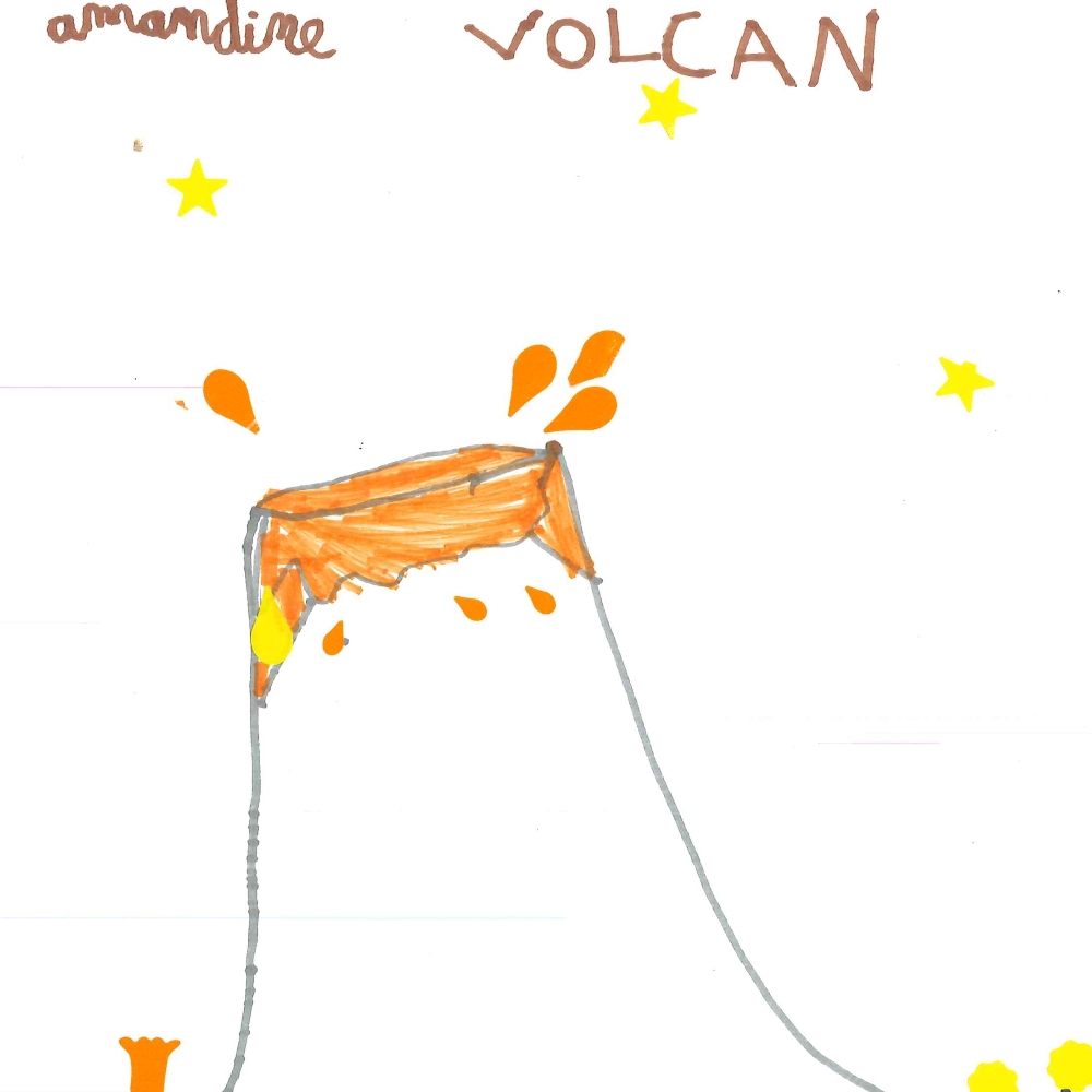 Dessin de Volcan (6 ans). Mot: VolcanTechnique: Feutres.