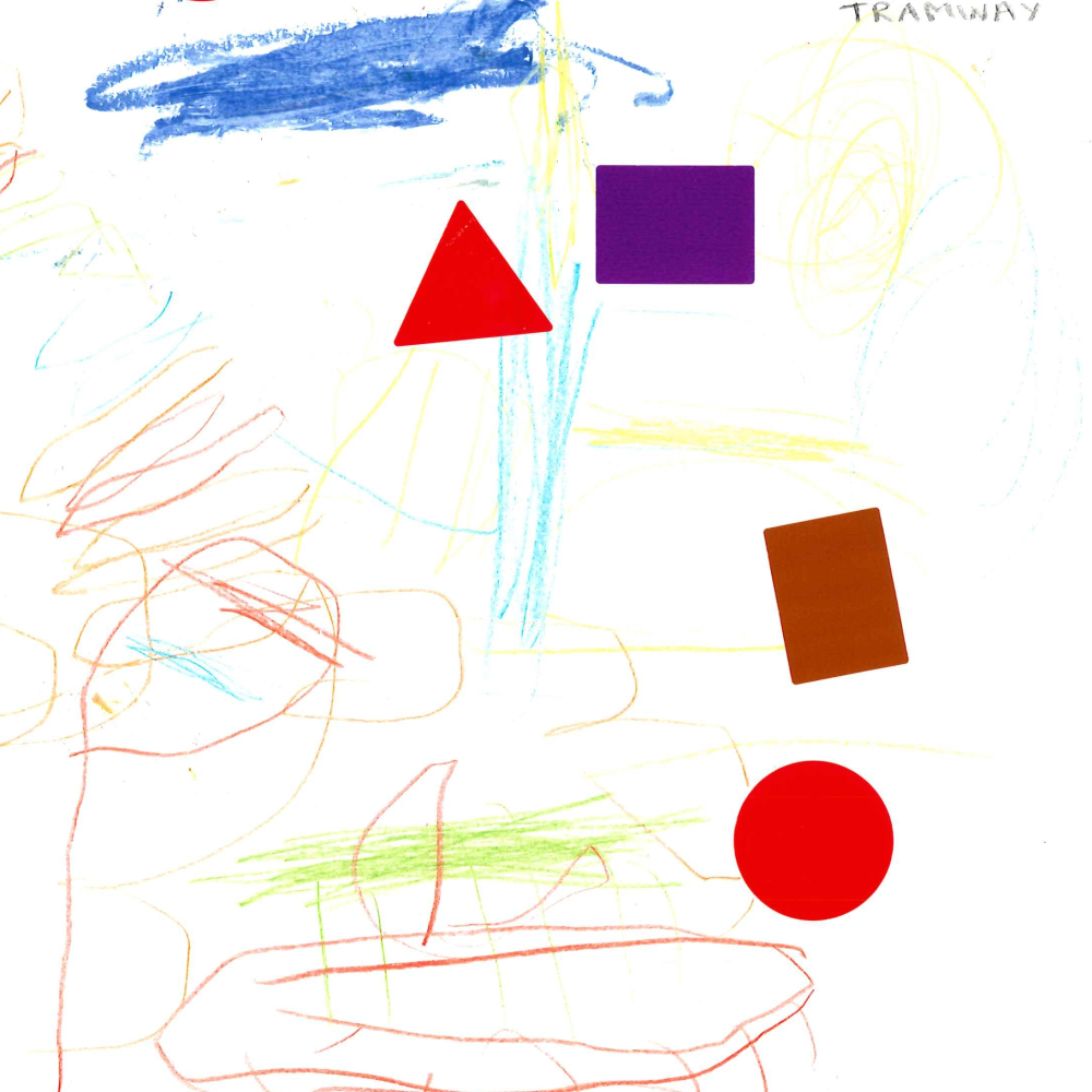 Dessin de Amine (5 ans). Mot: TramwayTechnique: Crayons.
