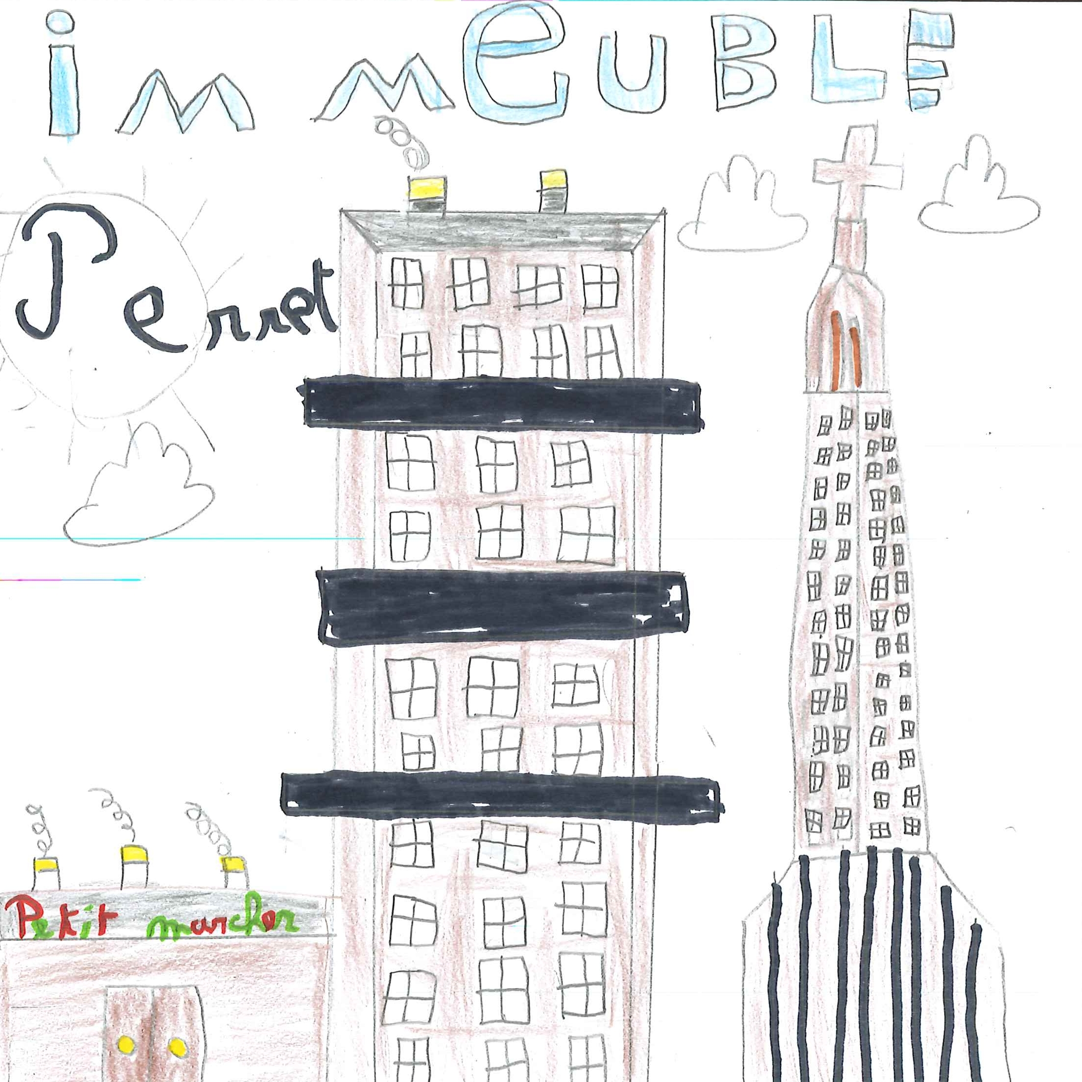 Dessin de Chaïm (8 ans). Mot: Immeubles PerretTechnique: Crayons.