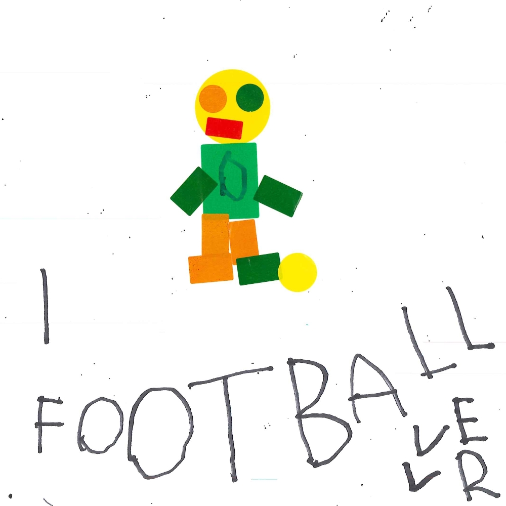 Dessin de Karonn (5 ans). Mot: Footballeur, FootballeuseTechnique: Gommettes.