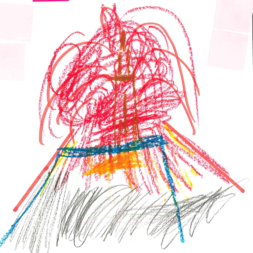 Dessin de Suzanne (4 ans). Mot: VolcanTechnique: Pastels.