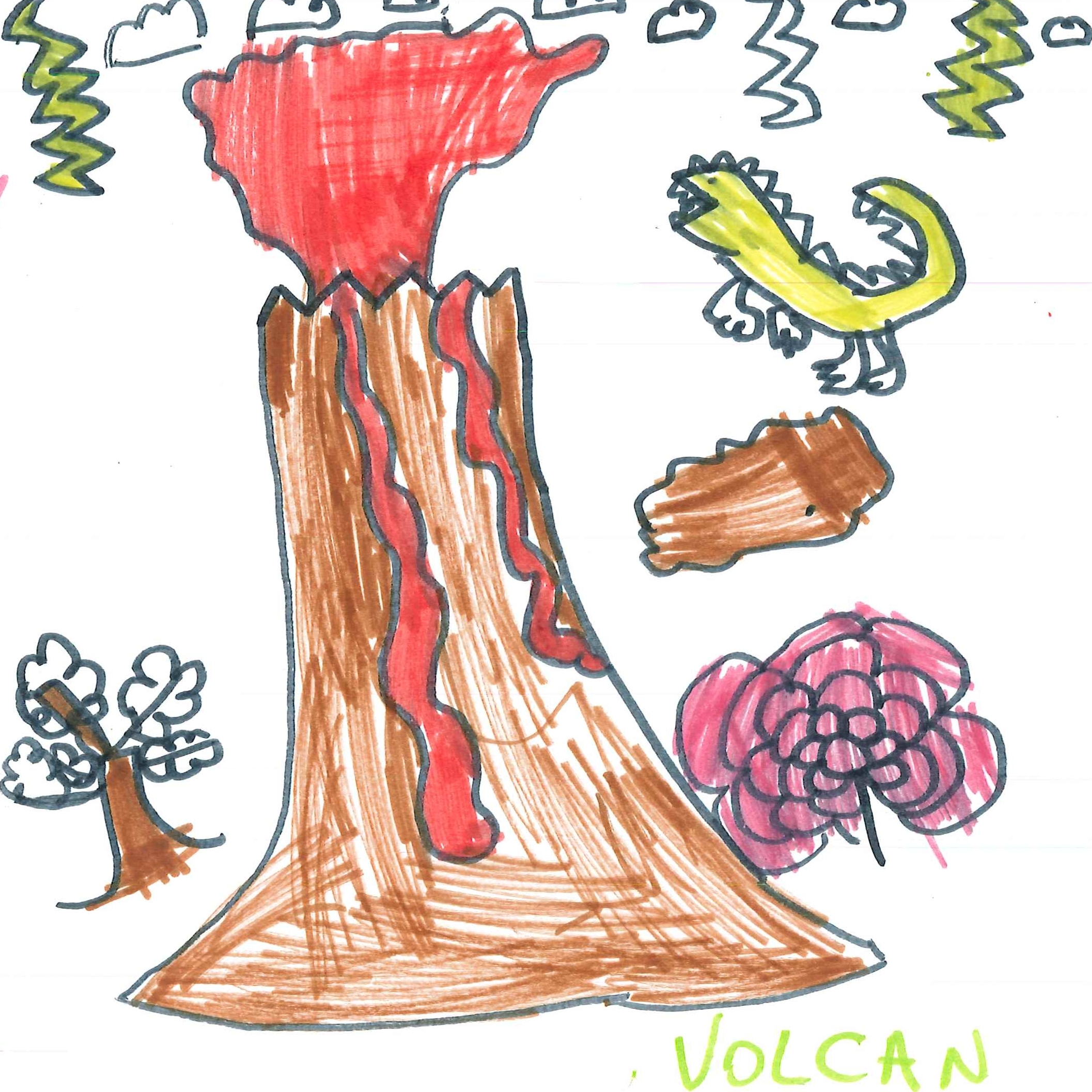 Dessin de Younès (5 ans). Mot: VolcanTechnique: Feutres.