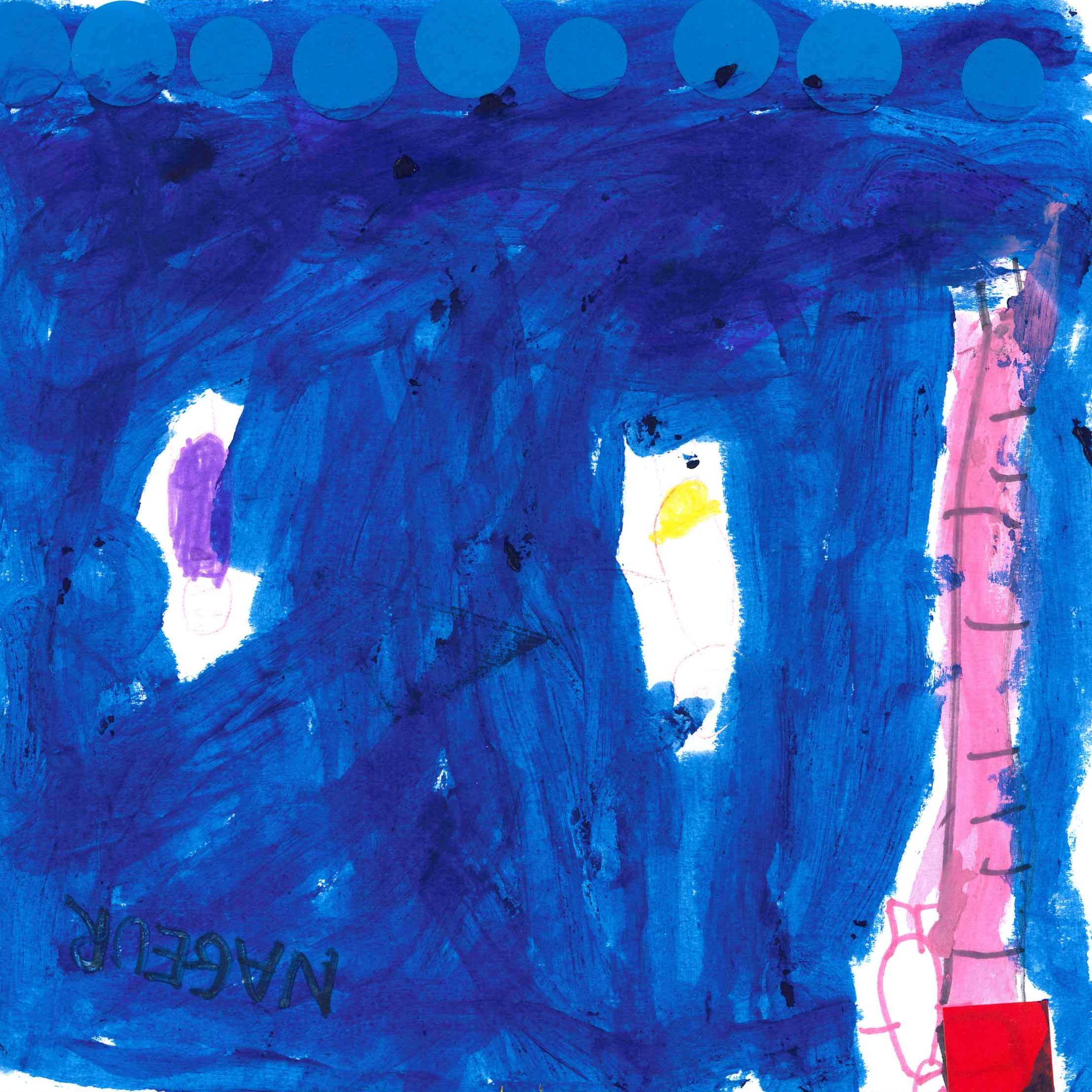 Dessin de Madani (6 ans). Mot: Nageuse, NageurTechnique: Peinture.