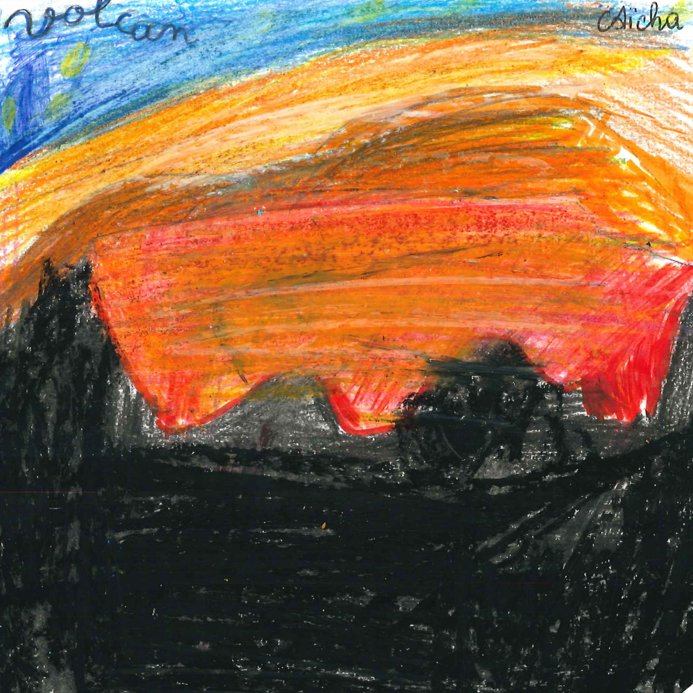 Dessin de Aïcha (7 ans). Mot: VolcanTechnique: Pastels.