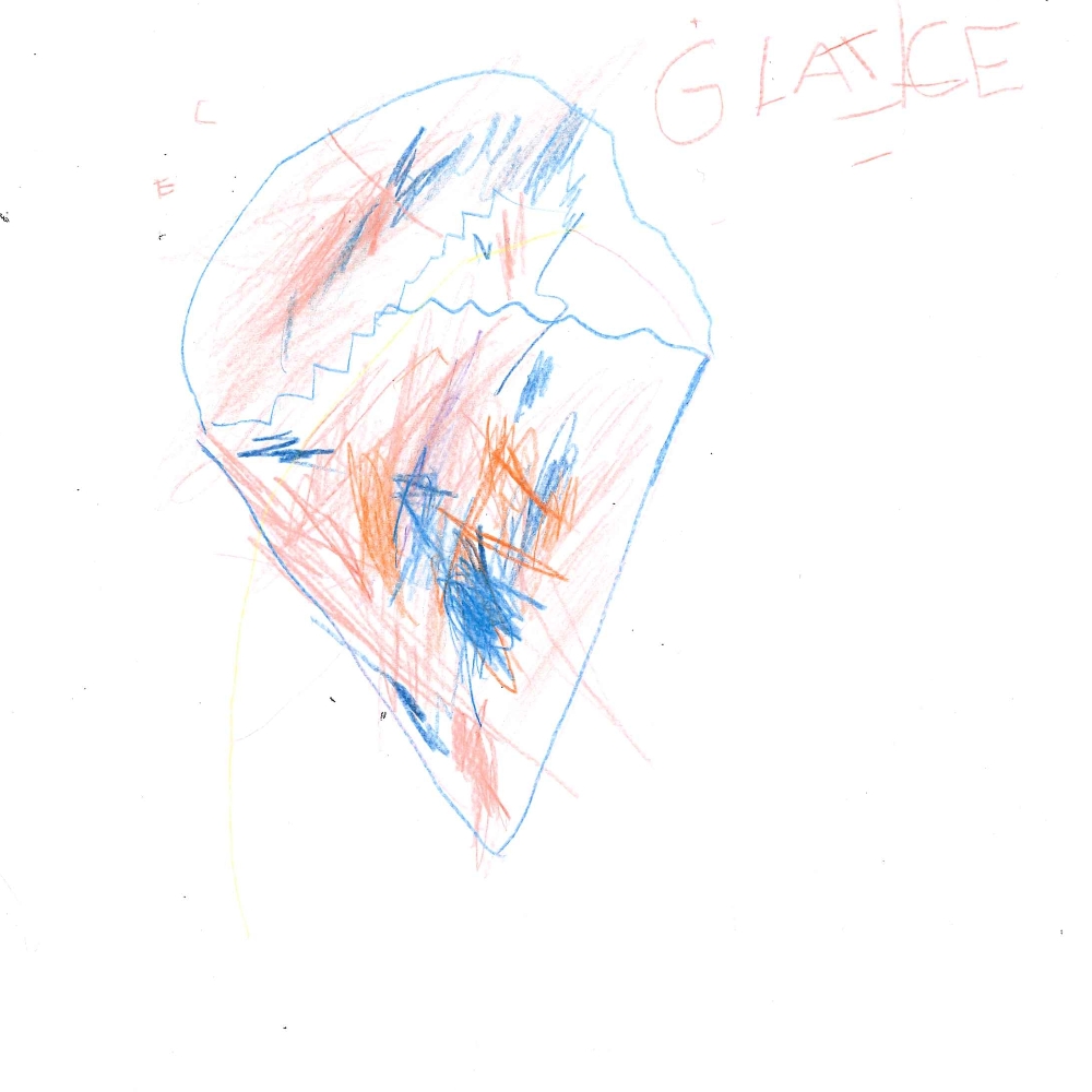 Dessin de Guillaume (4 ans). Mot: GlaceTechnique: Crayons.