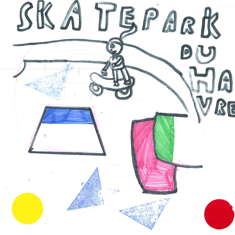 Dessin de Léana (9 ans). Mot: Skate, SkateparkTechnique: Normographe.