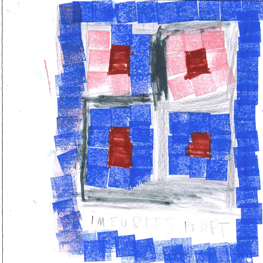 Dessin de Sileymane (11 ans). Mot: Immeubles PerretTechnique: Tampons.