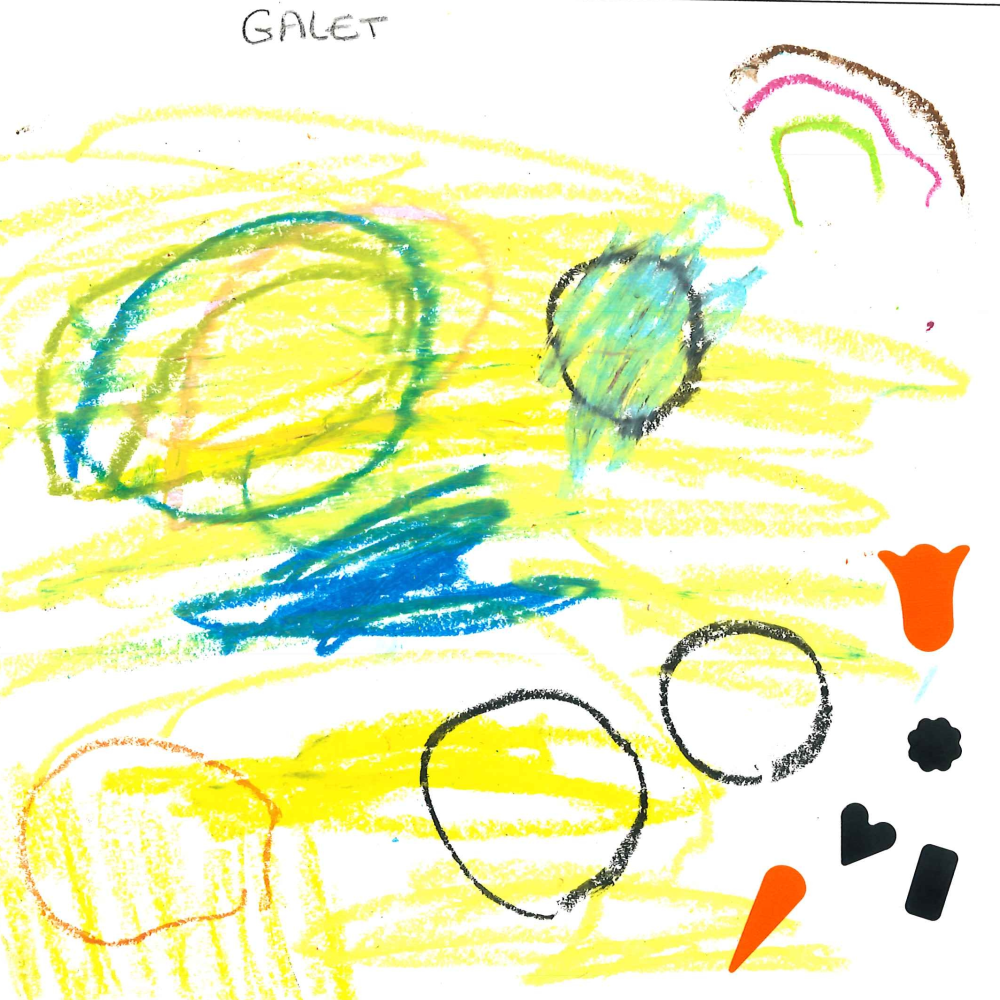 Dessin de Kiara (4 ans). Mot: GaletsTechnique: Pastels.