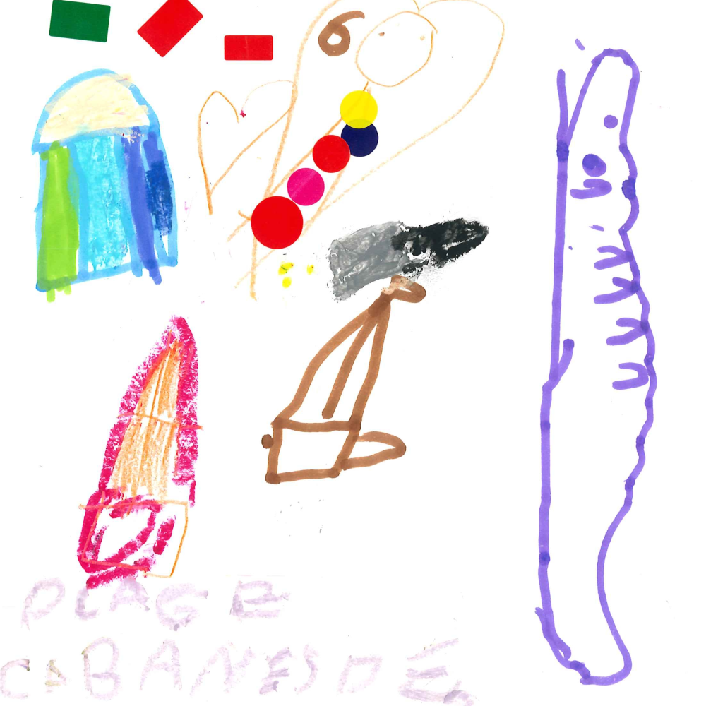 Dessin de Chahinesse (6 ans). Mot: Cabane de plageTechnique: Pastels.