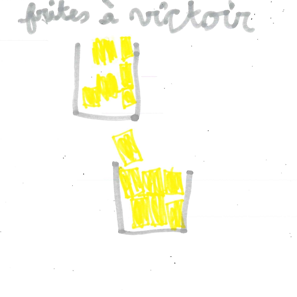 Dessin de Karim (7 ans). Mot: Frites à VictorTechnique: Feutres.