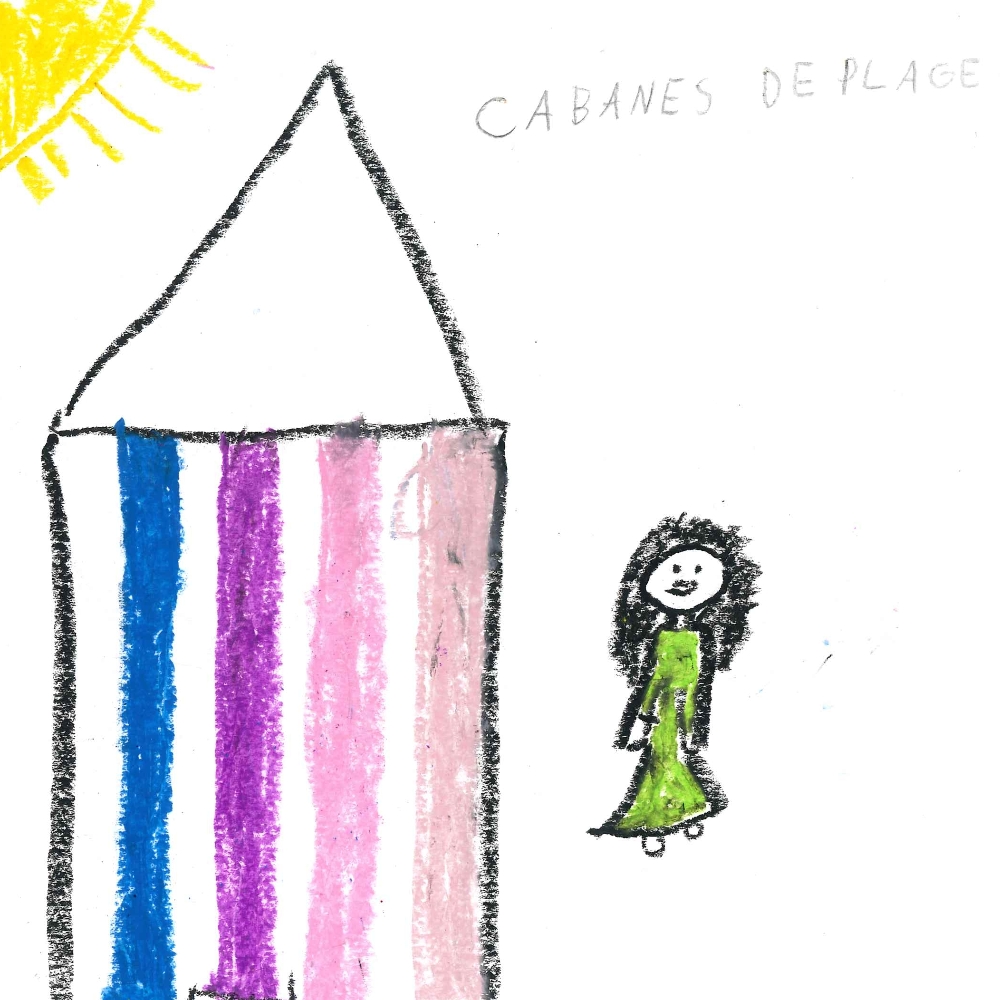 Dessin de Niya (7 ans). Mot: Cabane de plageTechnique: Pastels.