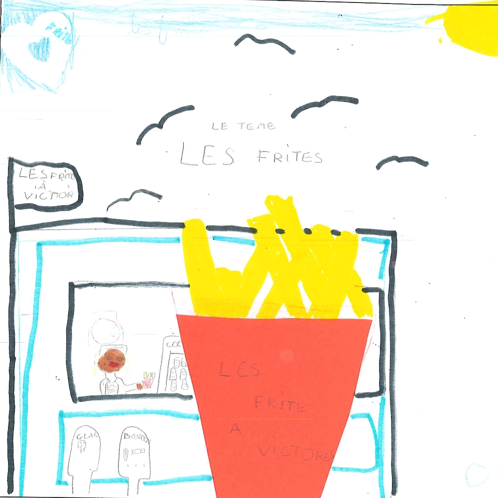 Dessin de Yasmine (8 ans). Mot: Frites à VictorTechnique: Découpage / Collage.