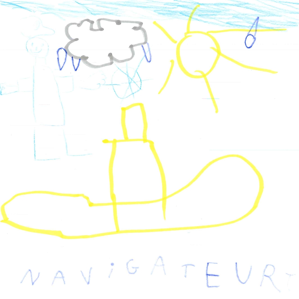 Dessin de Pierre (6 ans). Mot: Navigatrice, NavigateurTechnique: Feutres.