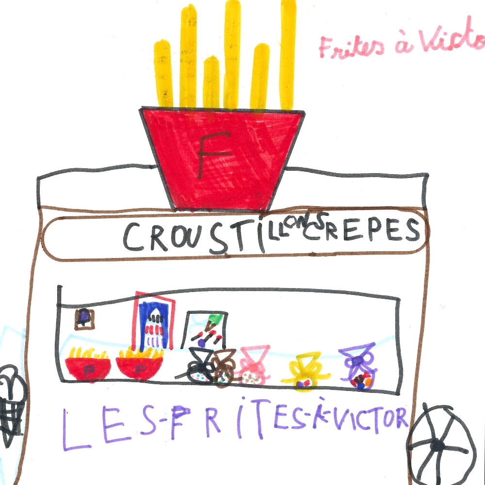 Dessin de Sarah (7 ans). Mot: Frites à VictorTechnique: Normographe.