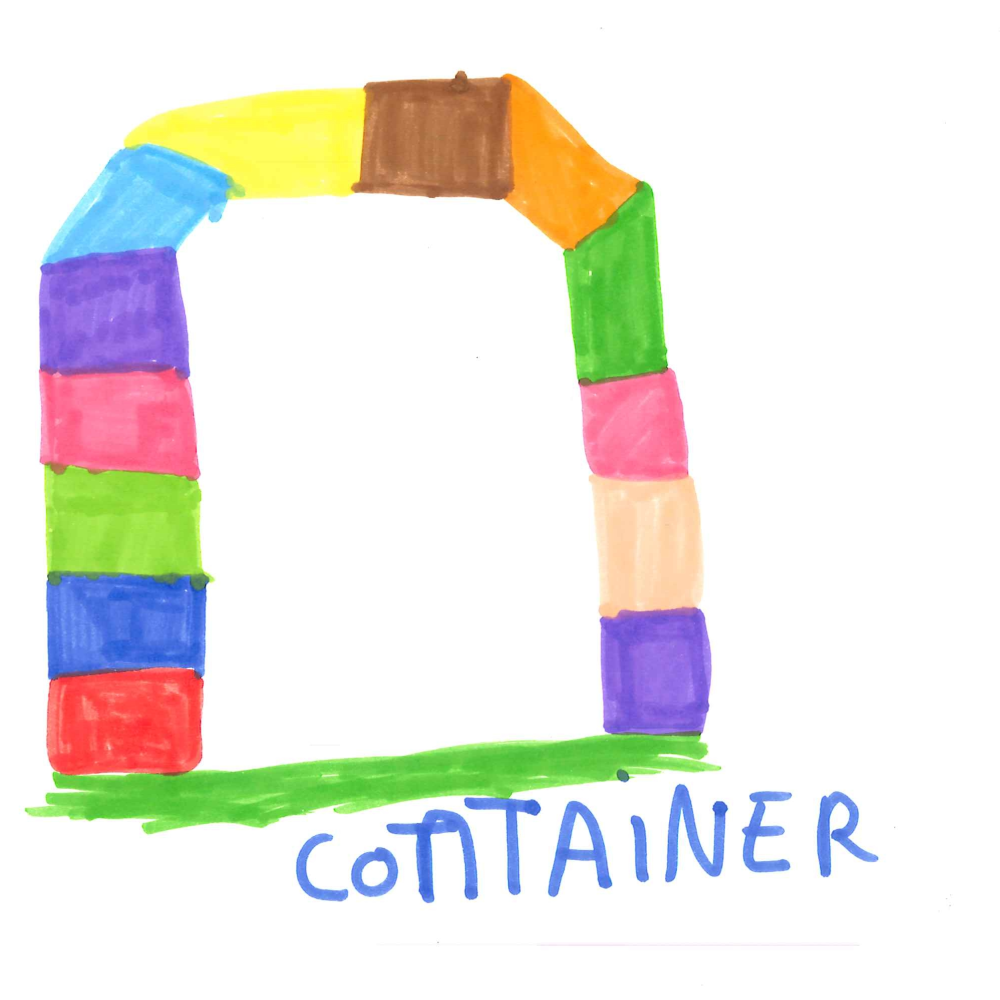 Dessin de Léa (11 ans). Mot: ContainerTechnique: Feutres.
