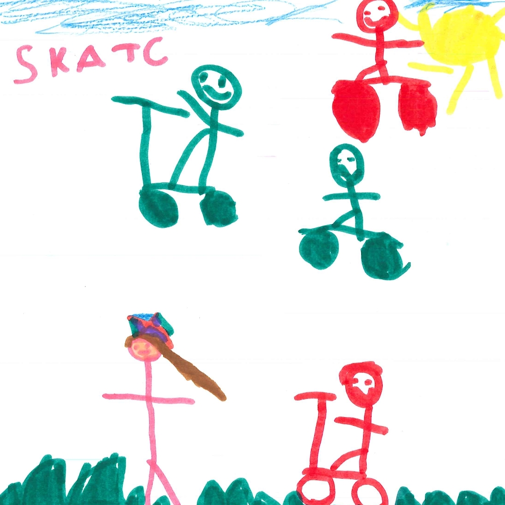 Dessin de Esther (5 ans). Mot: Skate, SkateparkTechnique: Feutres.
