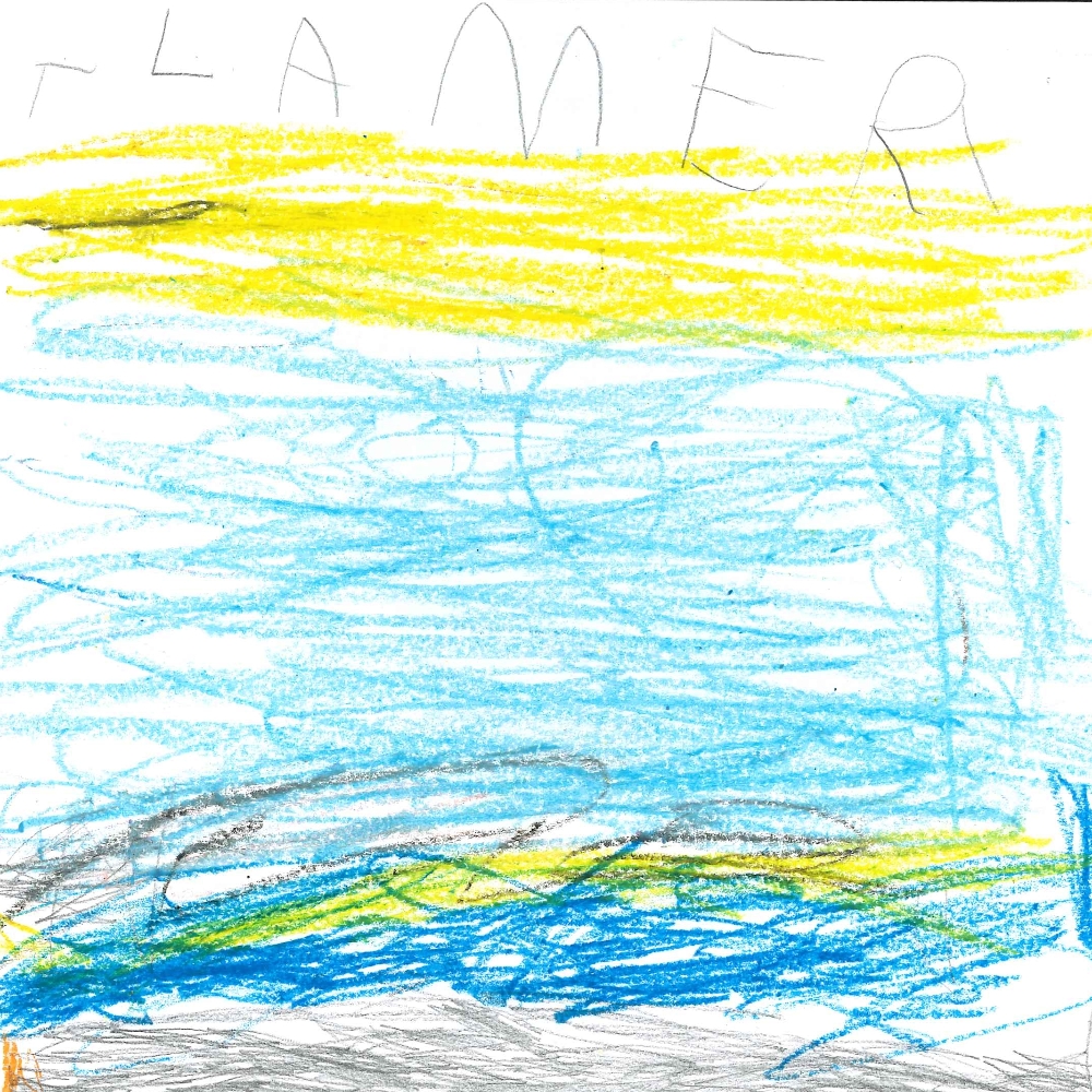 Dessin de Mamadou (4 ans). Mot: MerTechnique: Pastels.