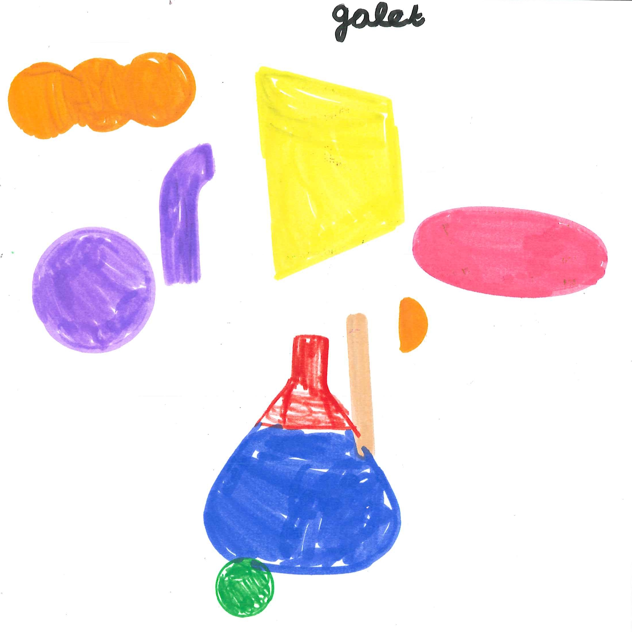 Dessin de Hana (6 ans). Mot: GaletsTechnique: Crayons.
