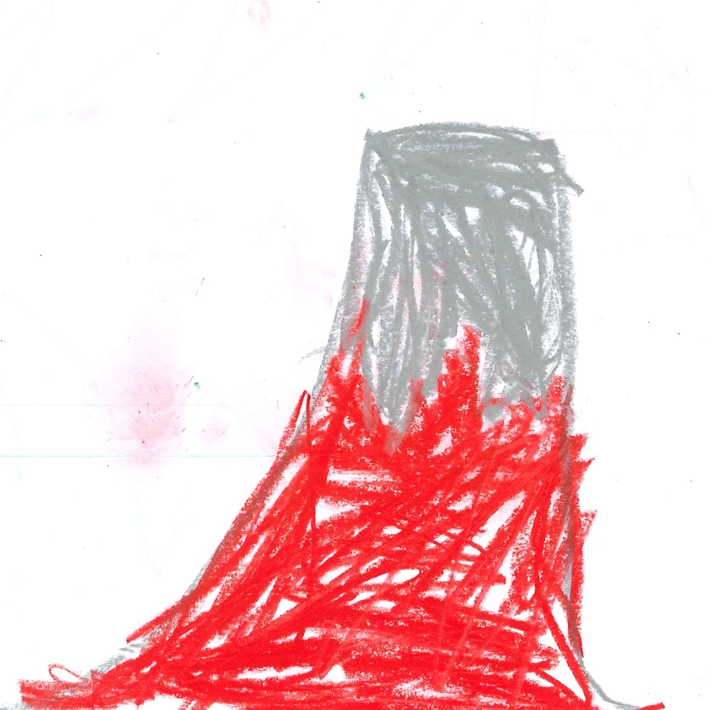 Dessin de Nina (6 ans). Mot: VolcanTechnique: Pastels.