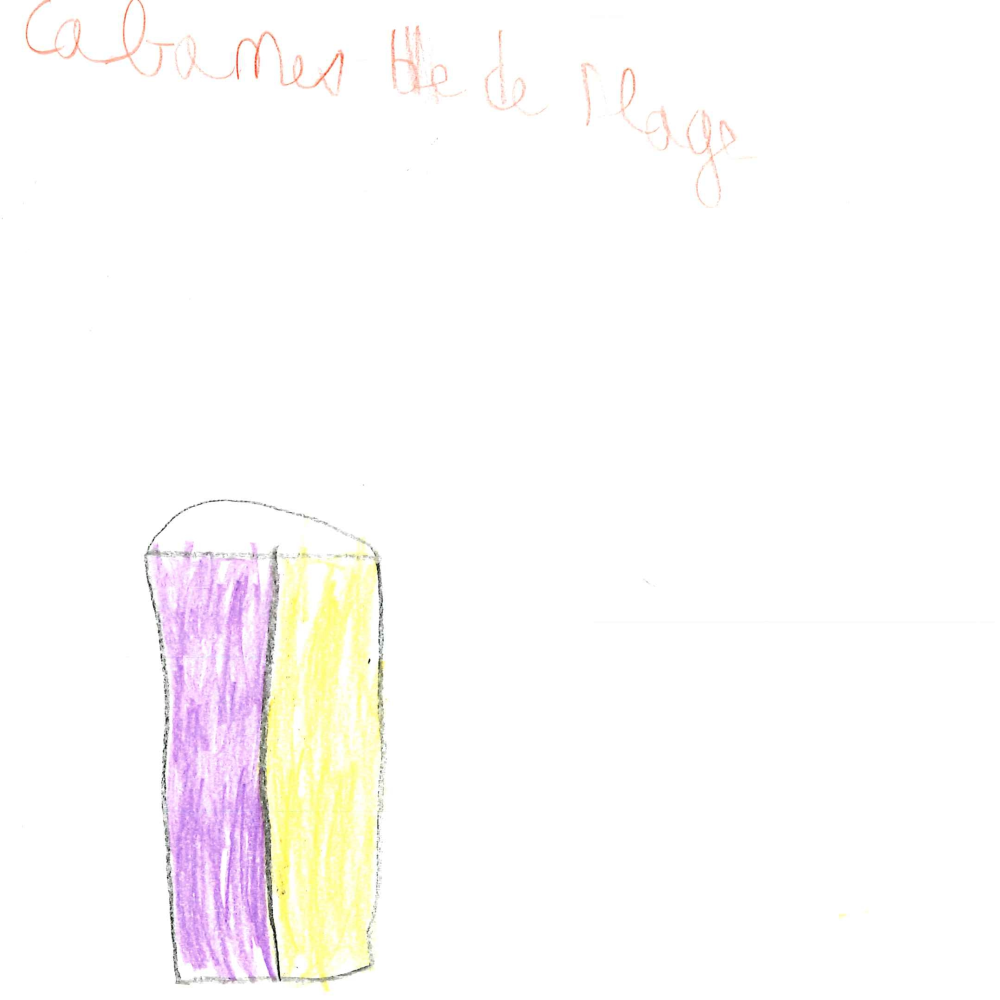 Dessin de Nael (8 ans). Mot: Cabane de plageTechnique: Crayons.