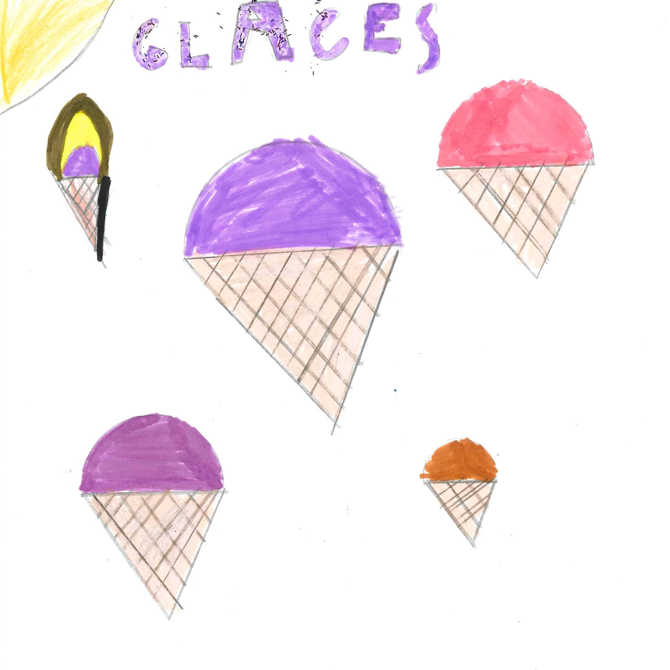 Dessin de Zayna (9 ans). Mot: GlaceTechnique: Crayons.