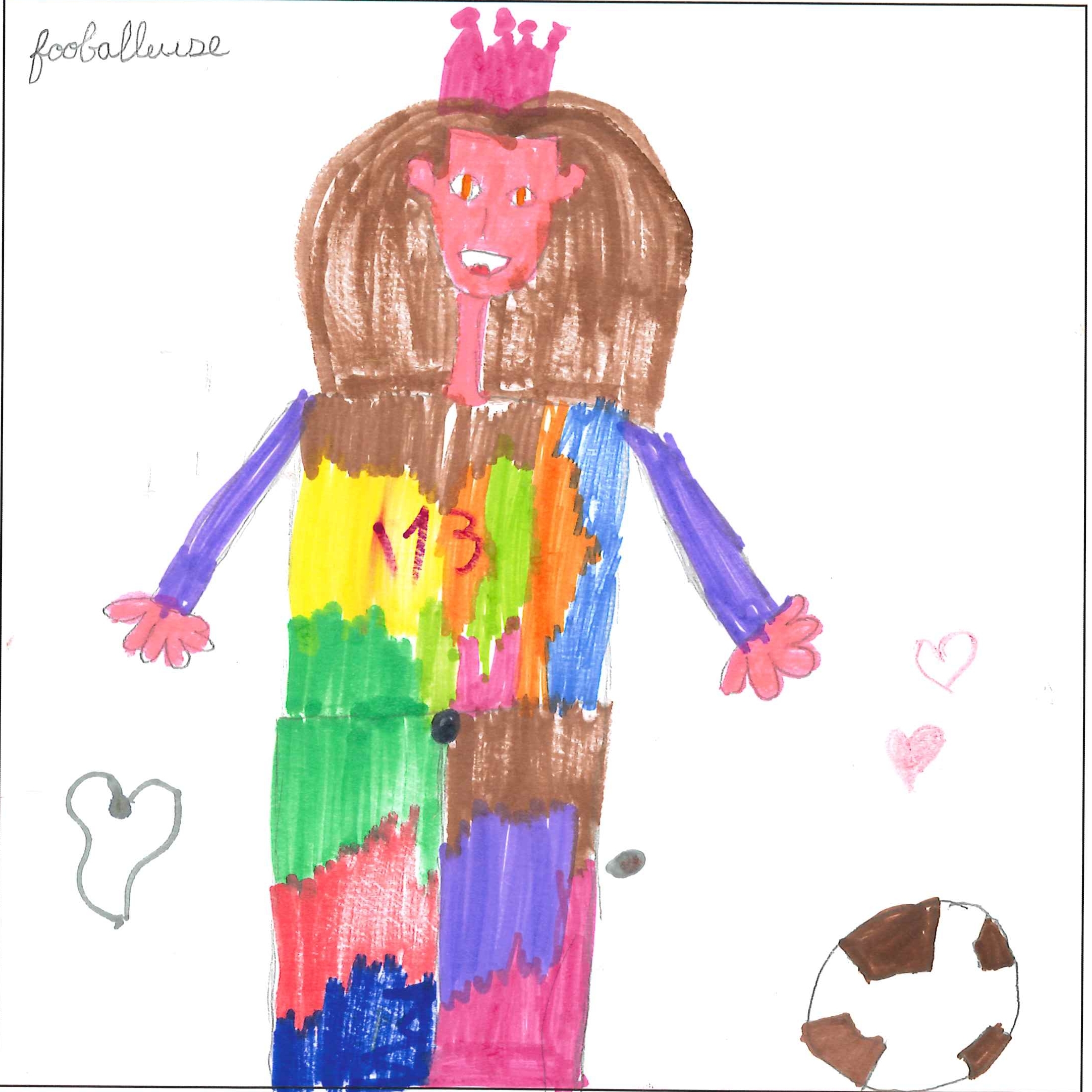 Dessin de Jalya (7 ans). Mot: Footballeuse, FootballeurTechnique: Feutres.