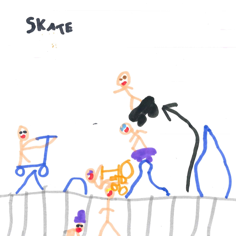 Dessin de Naim (7 ans). Mot: Skate, SkateparkTechnique: Feutres.