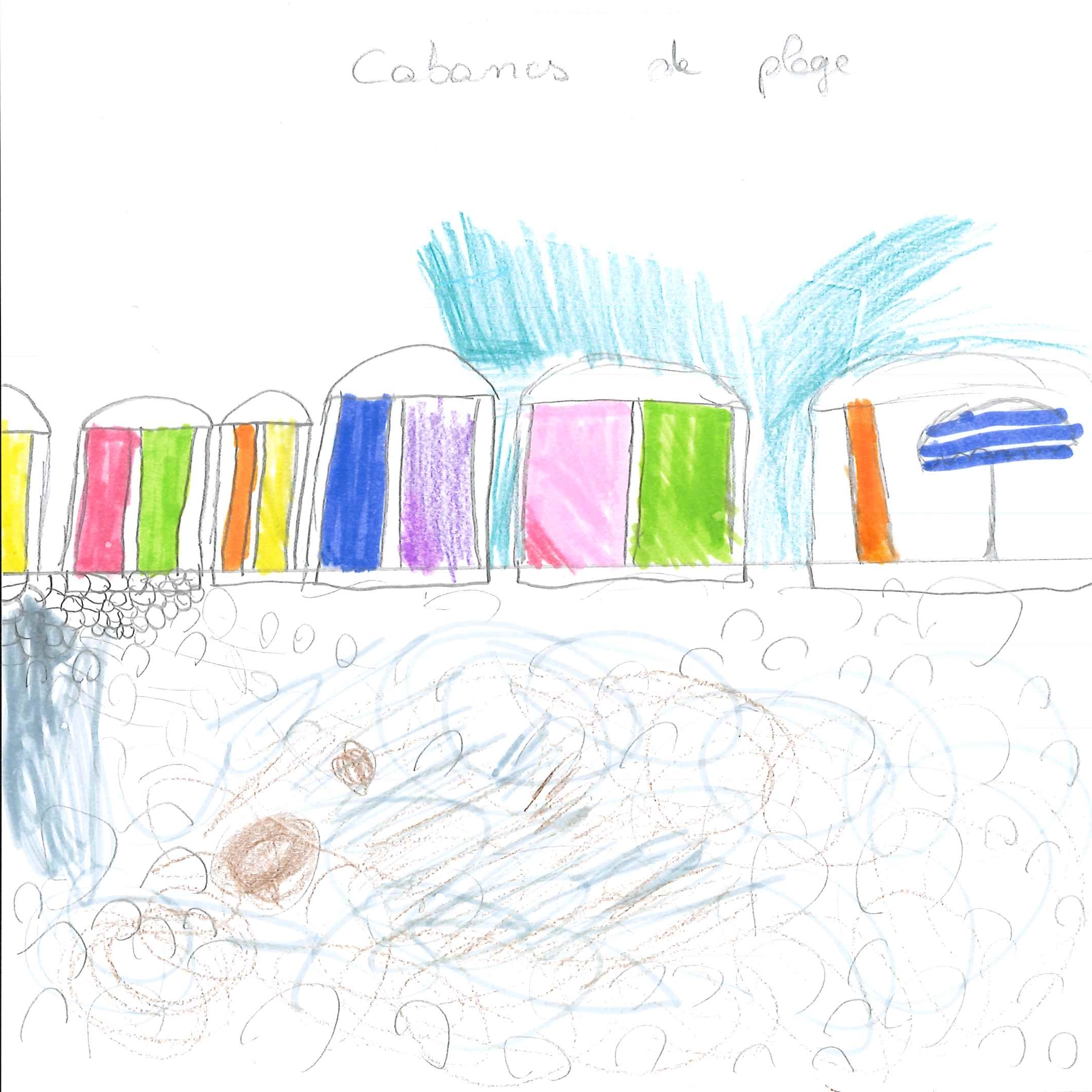 Dessin de Kendi (7 ans). Mot: Cabane de plageTechnique: Crayons.