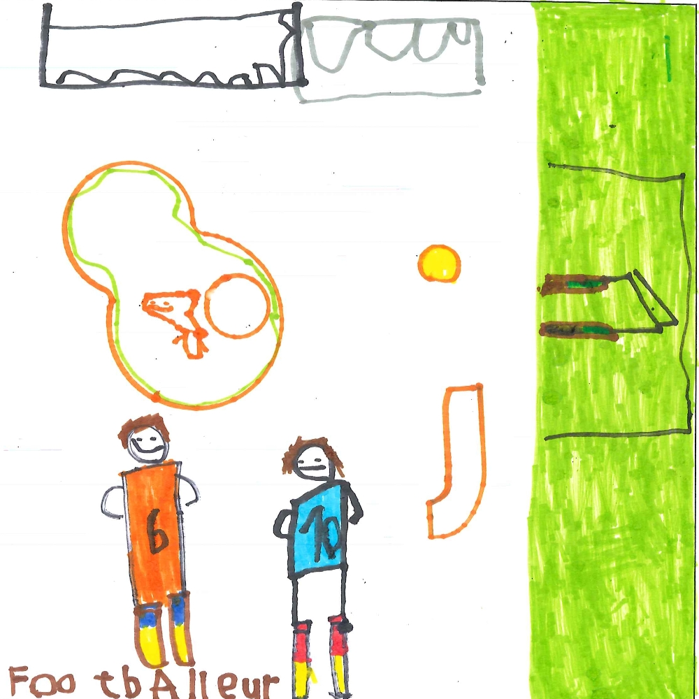 Dessin de Djamel (6 ans). Mot: Footballeur, FootballeuseTechnique: Normographe.