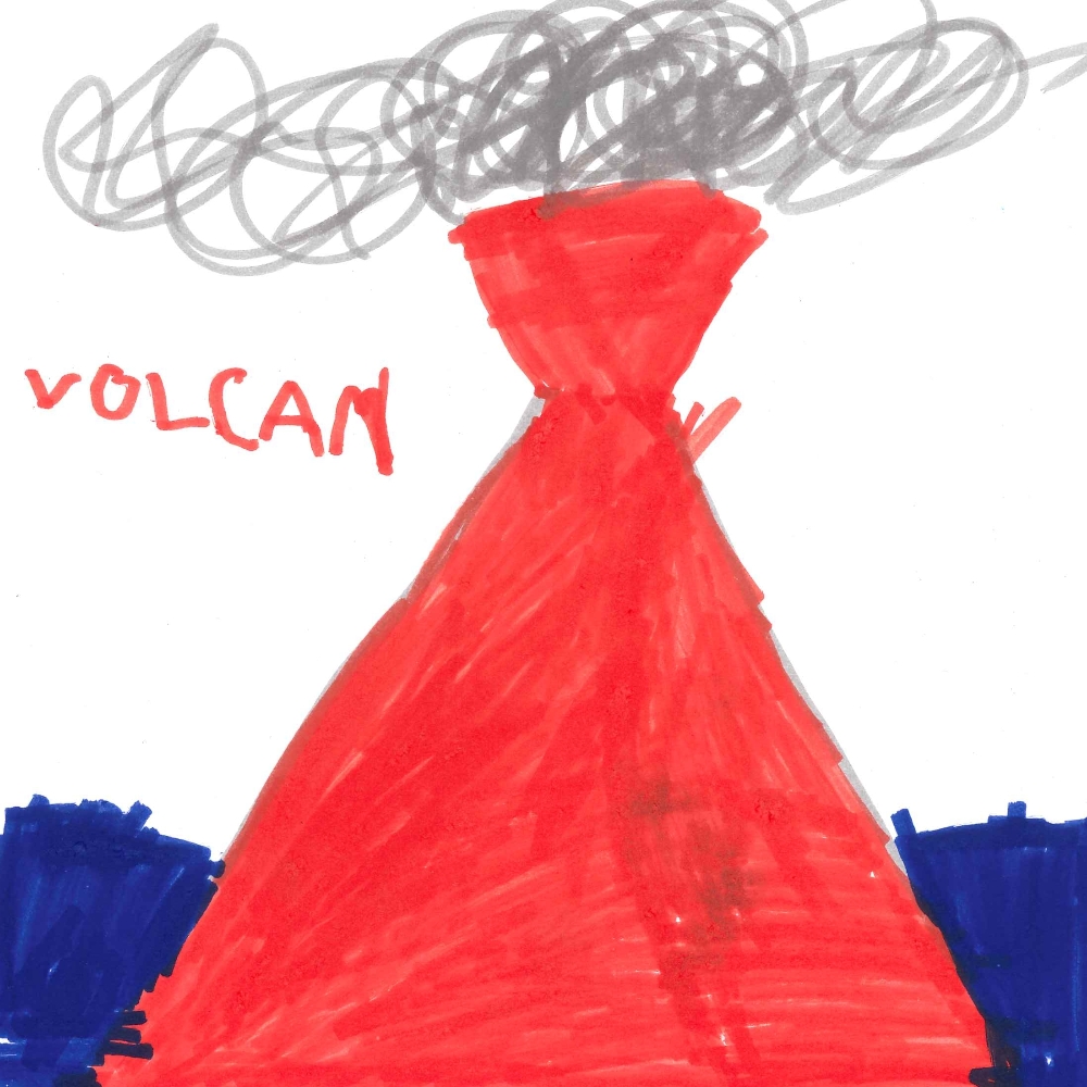 Dessin de Rafael (4 ans). Mot: VolcanTechnique: Feutres.
