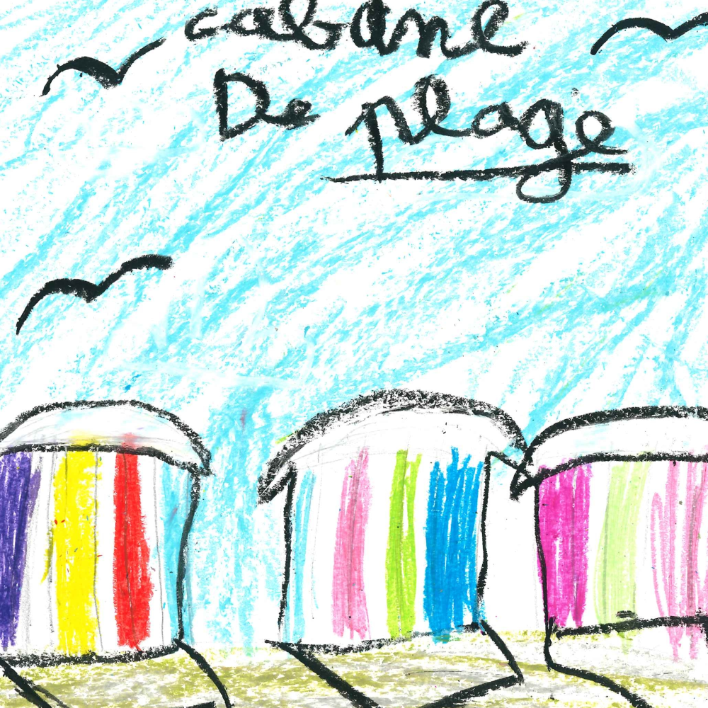 Dessin de Valérie (9 ans). Mot: Cabane de plageTechnique: Pastels.