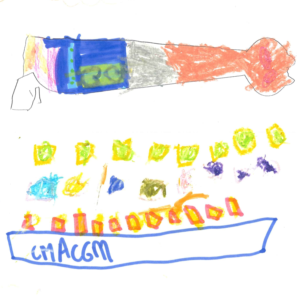 Dessin de Maylane (5 ans). Mot: CargoTechnique: Pastels.