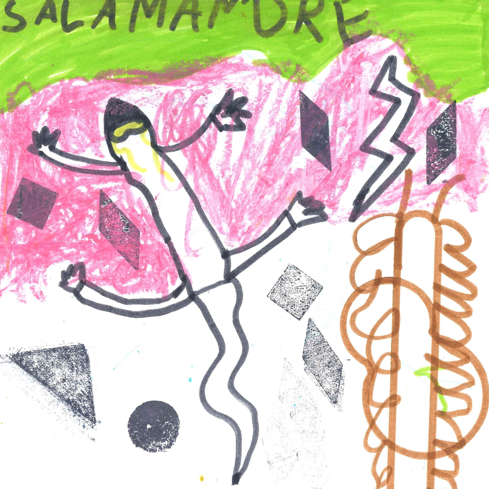 Dessin de Meliss (6 ans). Mot: SalamandreTechnique: Pastels.