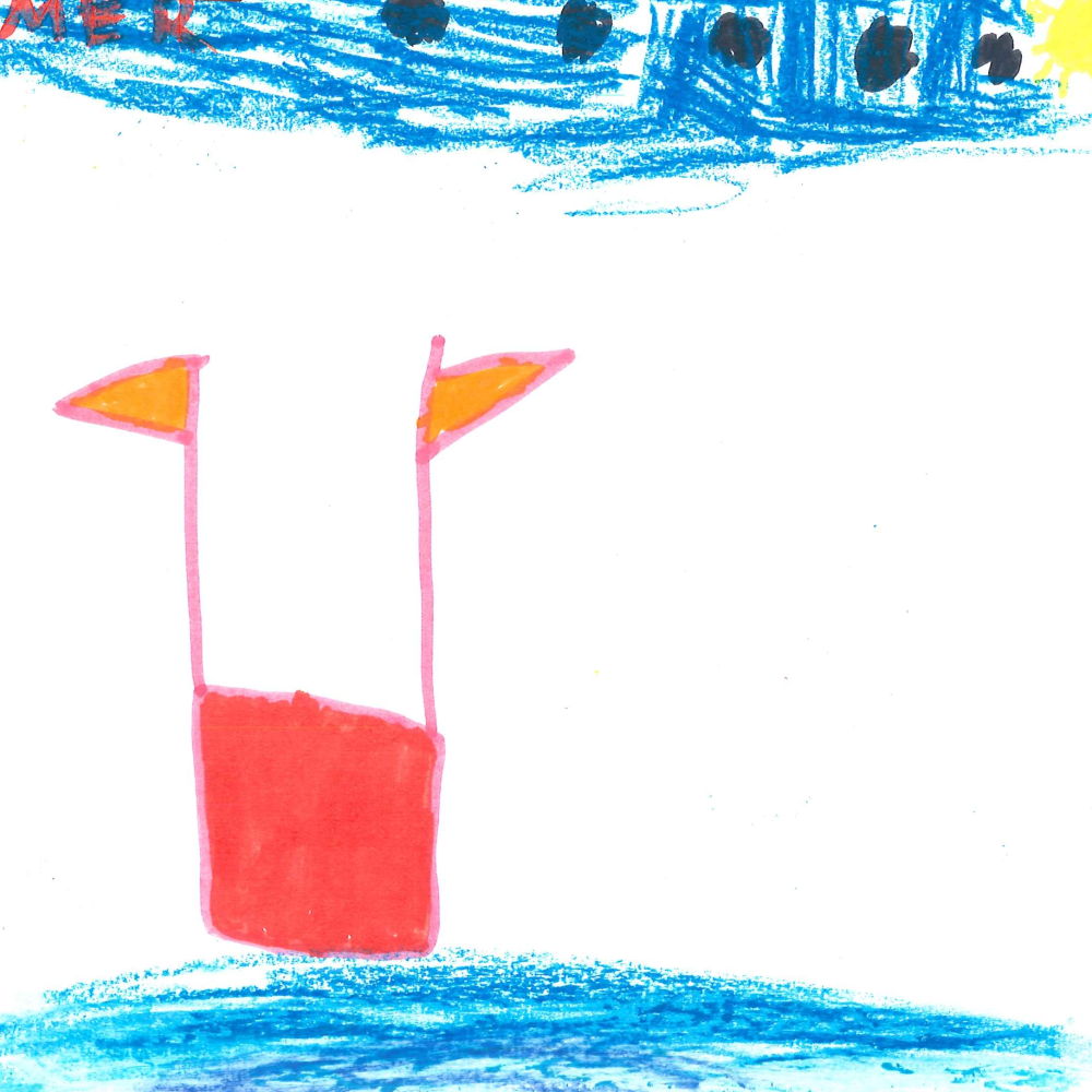 Dessin de Oriane (6 ans). Mot: MerTechnique: Pastels.