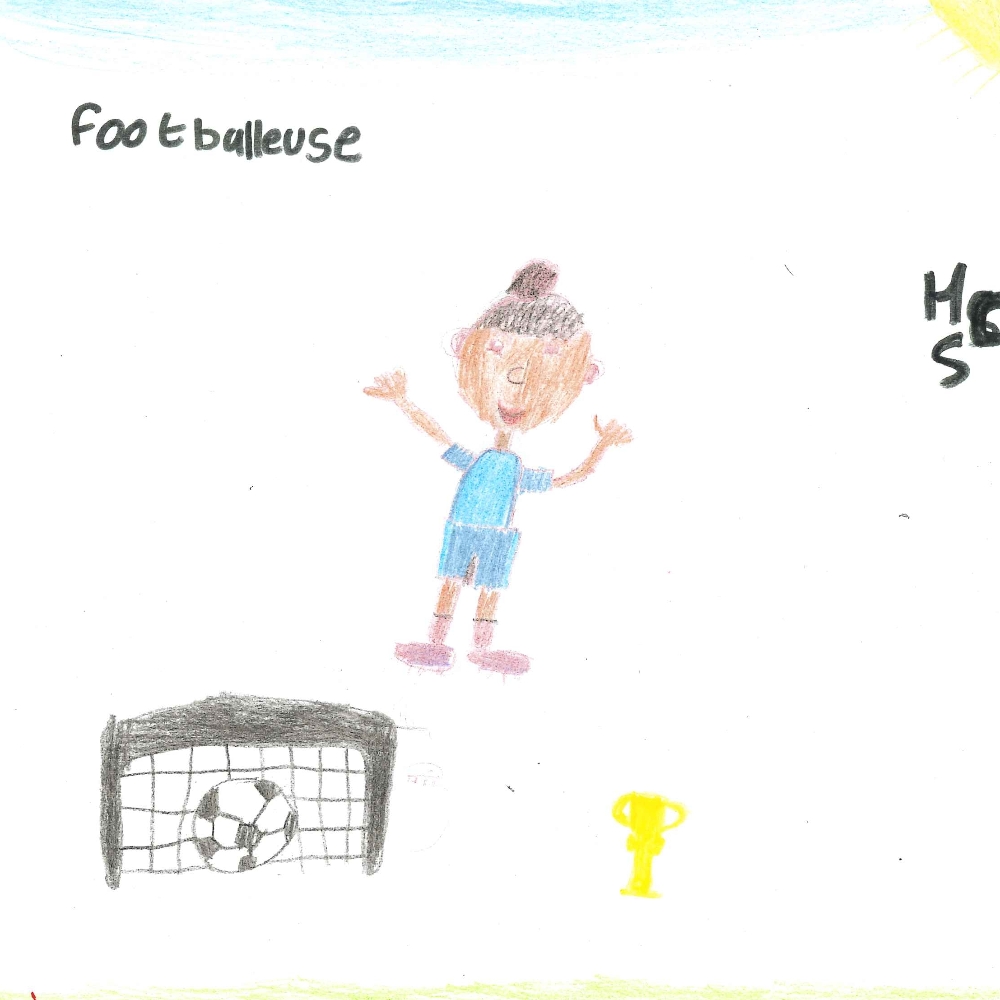 Dessin de Neïssa (10 ans). Mot: Footballeur, FootballeuseTechnique: Crayons.