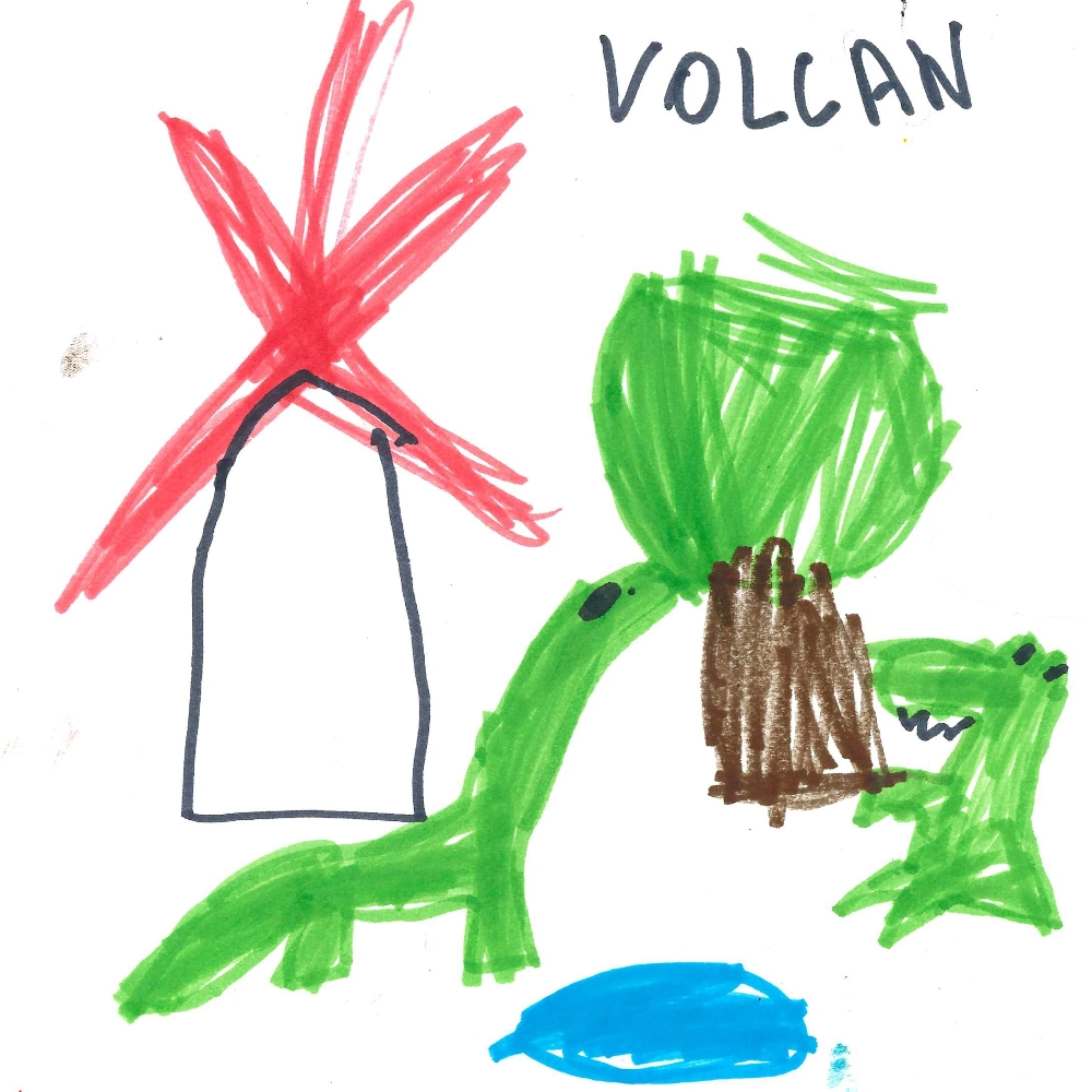Dessin de Azzedine (5 ans). Mot: VolcanTechnique: Feutres.