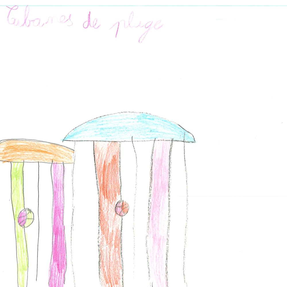 Dessin de Alice (8 ans). Mot: Cabane de plageTechnique: Crayons.