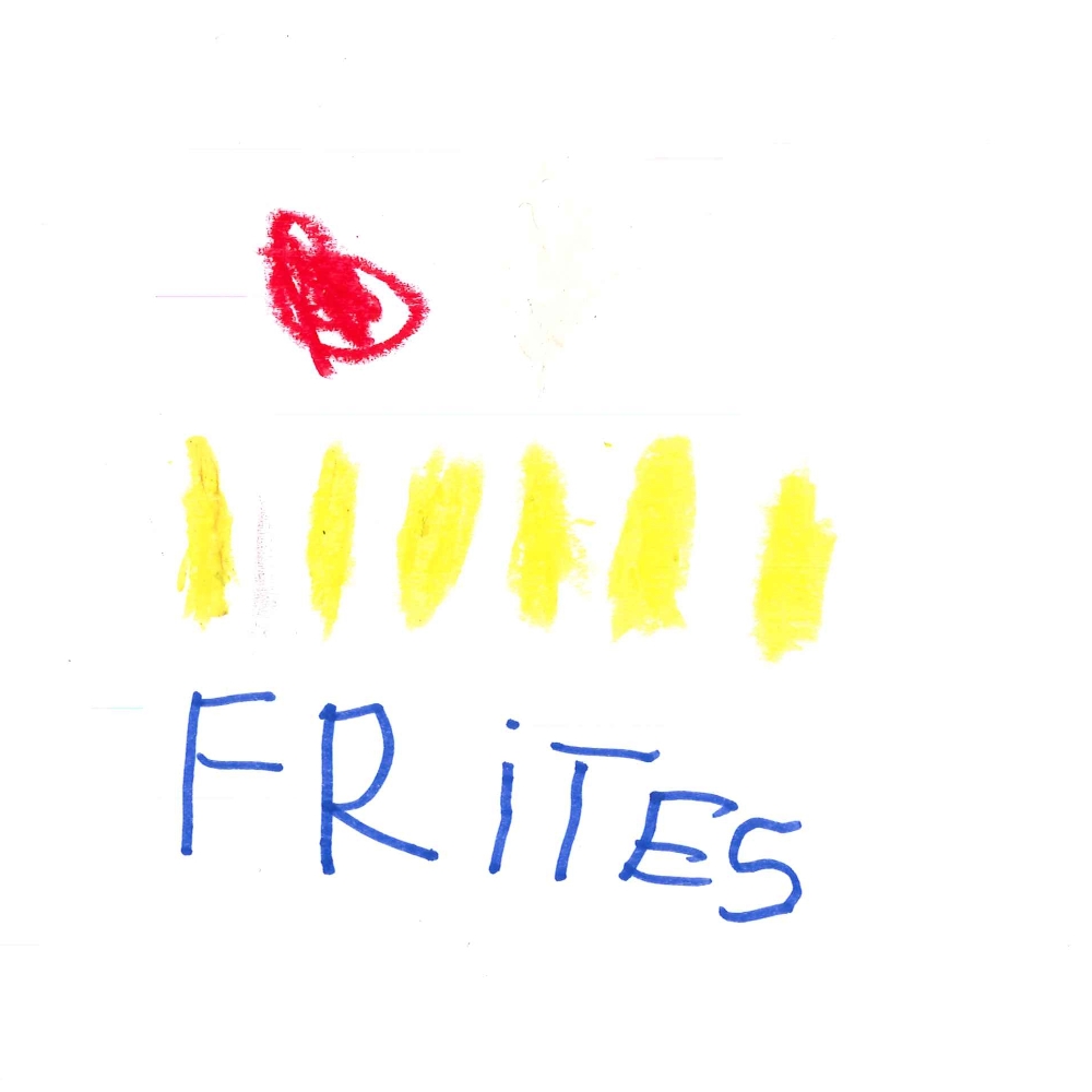 Dessin de Younes (6 ans). Mot: Frites à VictorTechnique: Feutres.