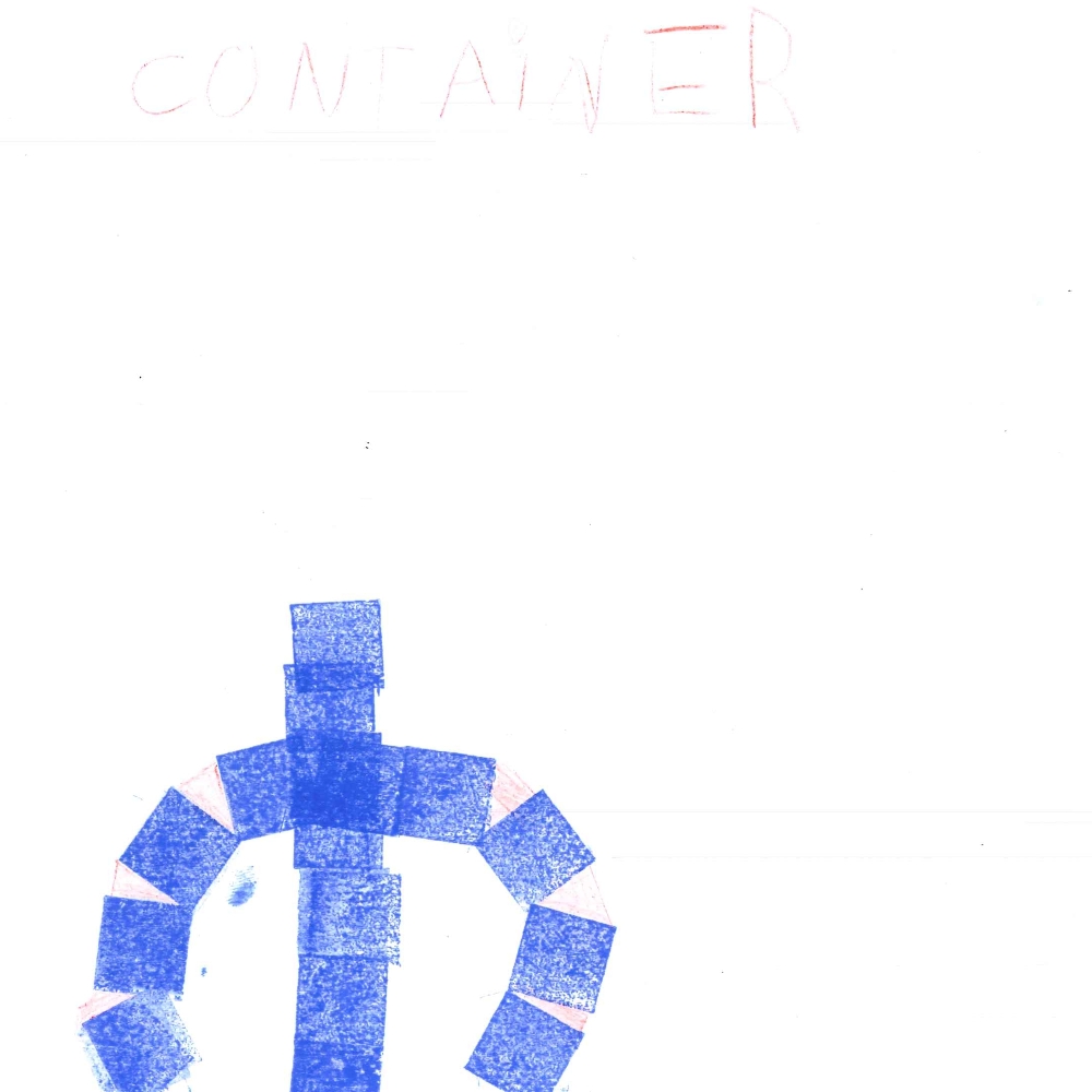 Dessin de Lyam (6 ans). Mot: ContainerTechnique: Tampons.