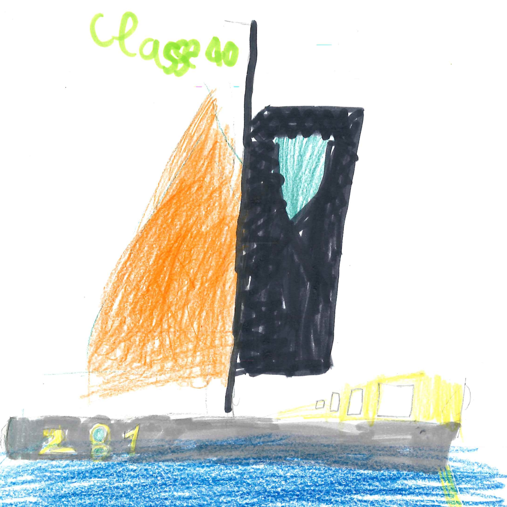 Dessin de Auguste (9 ans). Mot: VoilierTechnique: Crayons.